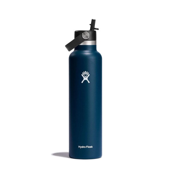 An indigo blue 24 ounce stainless steel Hydroflask water bottle with straw lid and handle strap.